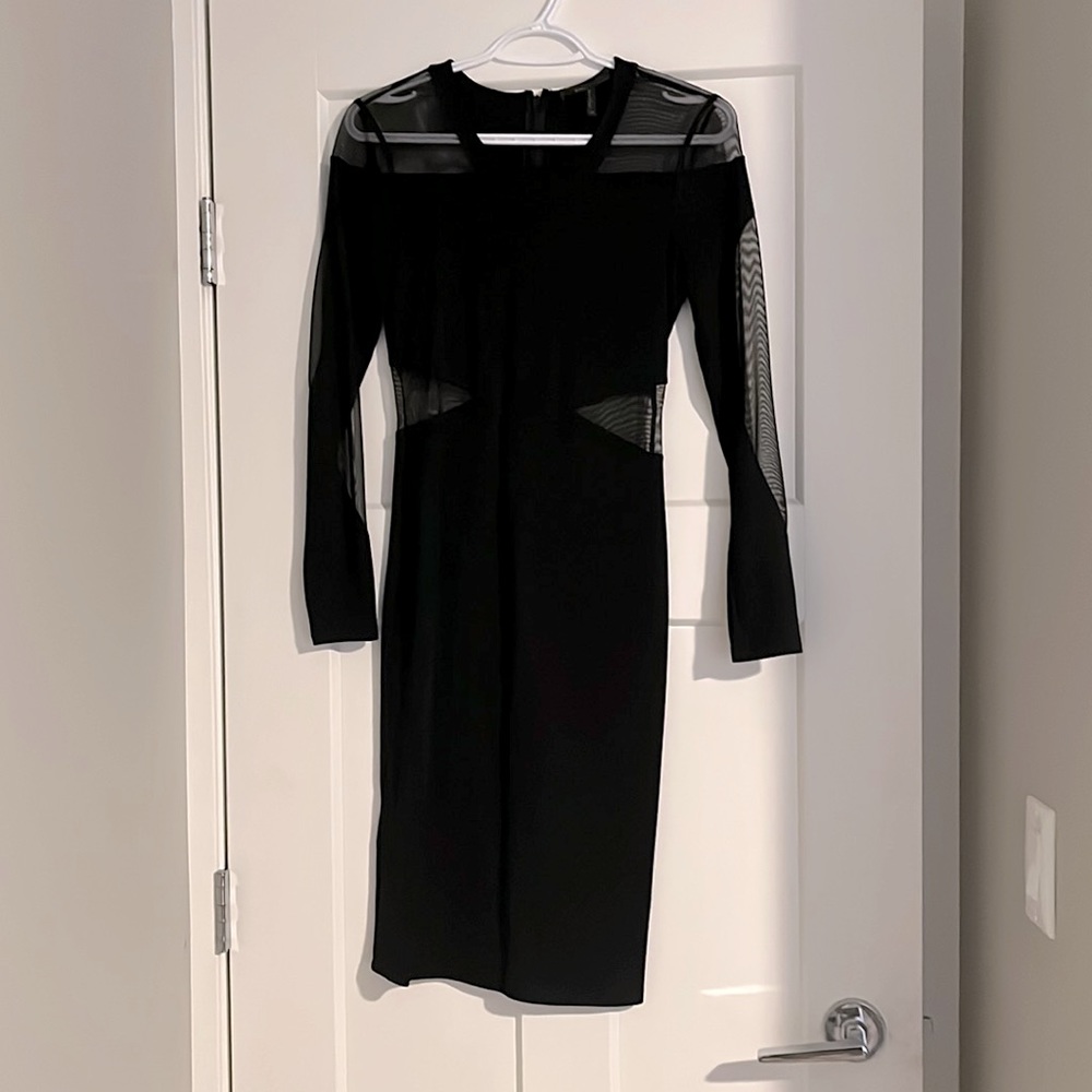 BCBG MaxAzria Mesh Long Sleeve Cut Out Body Con Dress